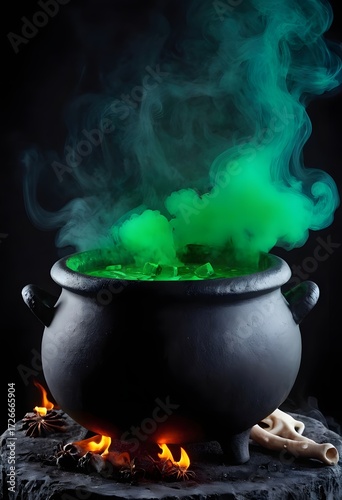 Close-up of a witches cauldron with bubbling green potion, smoke, herbs, bones and glowing embers