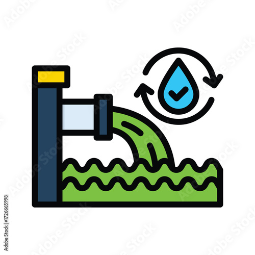 Water treatment and recycling process illustration.