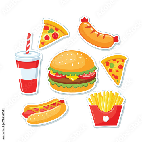 A collection of popular fast food items including pizza, burger, hot dog, soda, and french fries on a white background