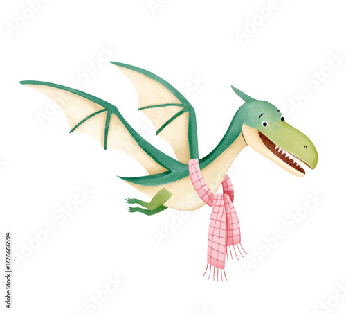 Cute pterodactyl with scarf. Watercolor prehistoric flying dinosaur character in adorable style for kids design.