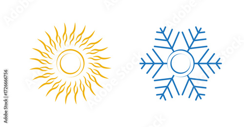 Abstract editable sun, snowflake icon, hot, cold weather icon vector illustration. Blue and yellow line art icon design. Round hot weather, cold weather symbol illustration.