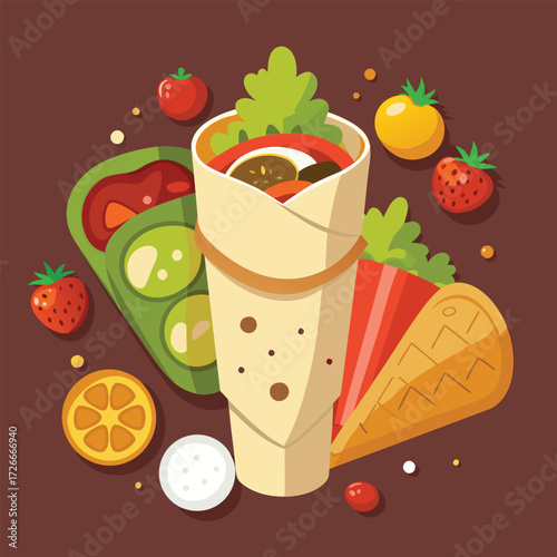 A colorful graphic of a wrapped food item with various toppings