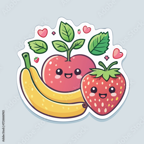 Cheerful gathering of adorable cartoon fruit characters. A smiling strawberry, banana, and apple express joy and friendship in a cute kawaii sticker design