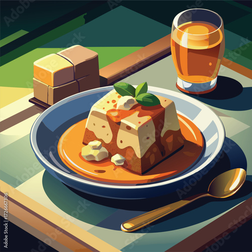 A slice of layered cake with caramel sauce sits on a plate. alongside a glass of juice. on a table.