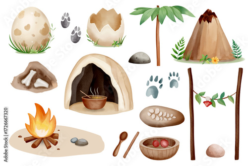 A watercolor collection of prehistoric life. Cave, pottery with food, dinosaur eggs, fossils, volcano and campfire.