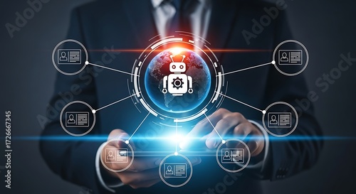 Modern businessman embracing AI for global networking and seamless HR management, showcasing innovative tech solutions for a connected world
