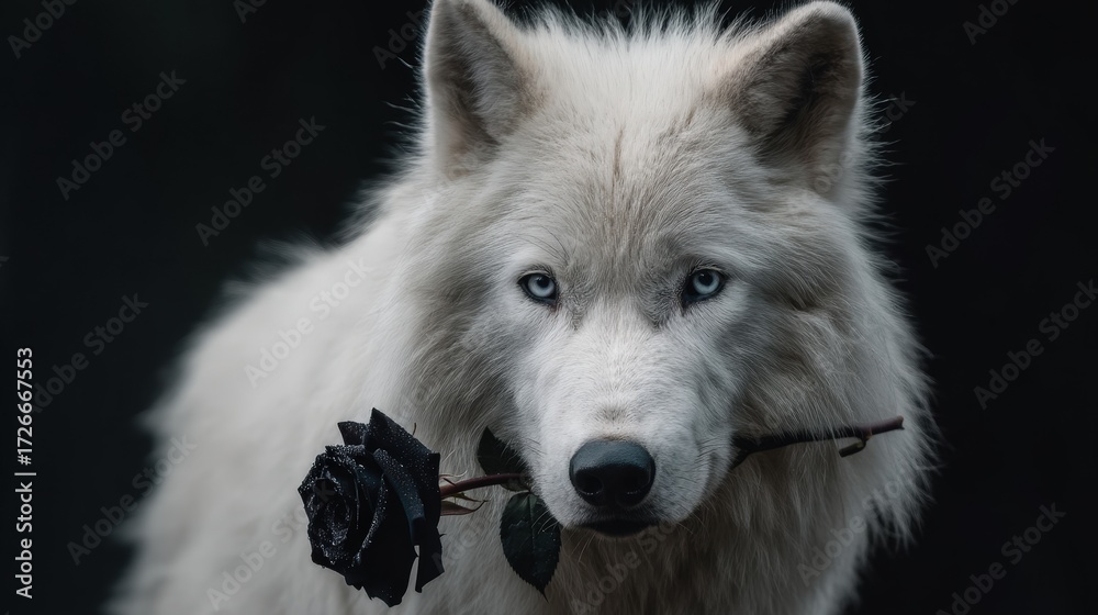 Obraz premium Majestic white wolf holding a black rose in a dark forest setting at dawn