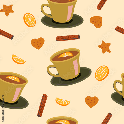 Seamless pattern with hot tea in cups orange slices cinnamon sticks and cookies on beige background cozy autumn drink design