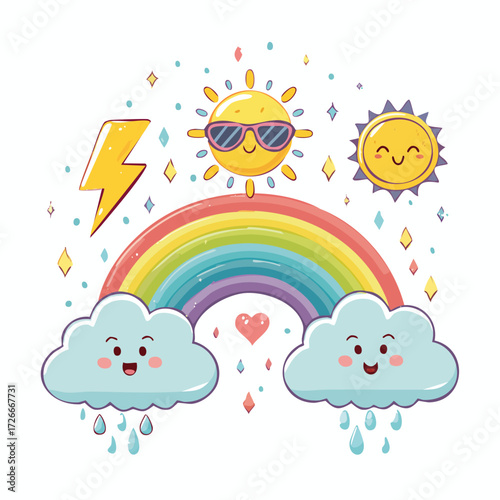 Cheerful collection of cute kawaii weather icons with a smiling sun, happy raining clouds, a vibrant rainbow, and a lightning bolt. Adorable cartoon vector art
