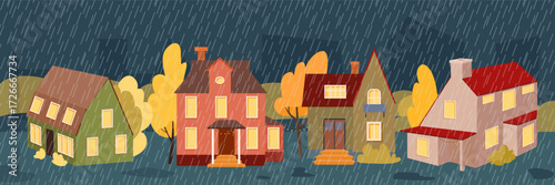 Autumn neighborhood with cozy houses and yellow trees under heavy rain dark sky seasonal rainy day street scene