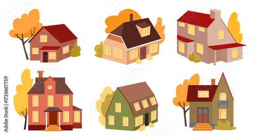 Set of six cozy autumn houses with trees and warm windows flat seasonal suburban illustration on white background