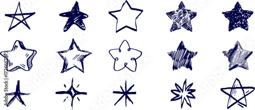 Cartoon cute stars in various hand drawn sketch style. Set of doodle minimalist vector illustration from ink, crayon or ballpoint. Monochrome design for branding cover banner, poster, menu, card.