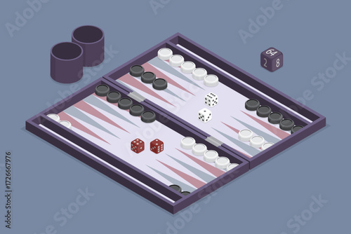 Backgammon board game. Leisure table gaming, recreation backgammon game. Lebanese, Turkish,  Arabic traditional game. 3d flat isometric vector illustration.