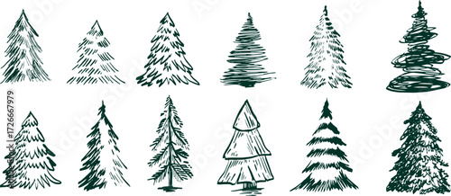 Various christmas tree in hand drawn sketch style. Set of doodle minimalist vector illustration from ink, crayon or ballpoint. Monochrome design for branding cover banner, poster, menu, card.