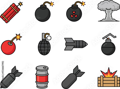 Set of different bomb icons flat vector design