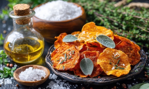 Roasted sweet potato chips, herbs, and salt