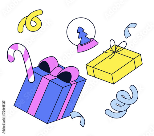 Christmas presents in wrapped boxes and a snow globe with a christmas tree