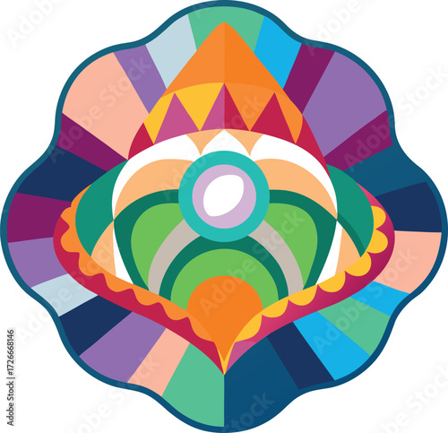 Vibrant Geometric Eye Symbol with Floral Petal Borders and Central Orb