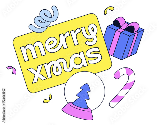 Lettering Merry Xmas with christmas snowball and candy cane