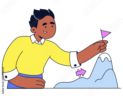 Young man setting ambitious goal and planting flag on mountaintop