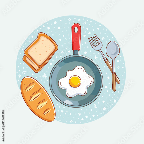 A delightful illustration of a breakfast spread featuring a fried egg, toast, and bread, ready to be enjoyed with cutlery