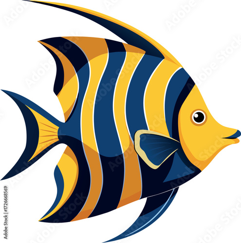 Vibrant Yellow and Blue Striped Angelfish Swimming Gracefully in Tropical Ocean Waters
