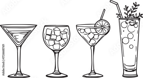 Stylized cocktail glass set with martini, margarita, fizzy drink, and garnishes in elegant illustration