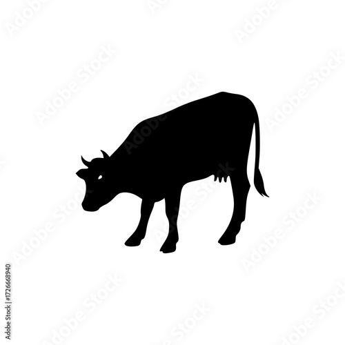 A black silhouette of a cow with horns and an udder, looking upwards, isolated on a white background.