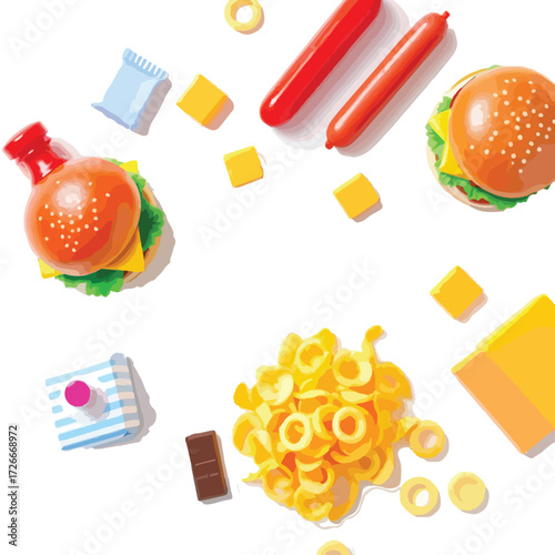 Cartoon fast food and snack assortment with burgers, chips, chocolate, cheese, and juice on white background