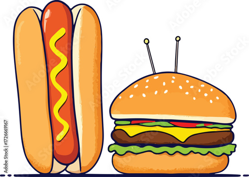 Whimsical cartoon hot dog and robot-style hamburger illustration for playful food and children’s themes