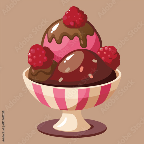 Cartoon ice cream sundae in a striped bowl