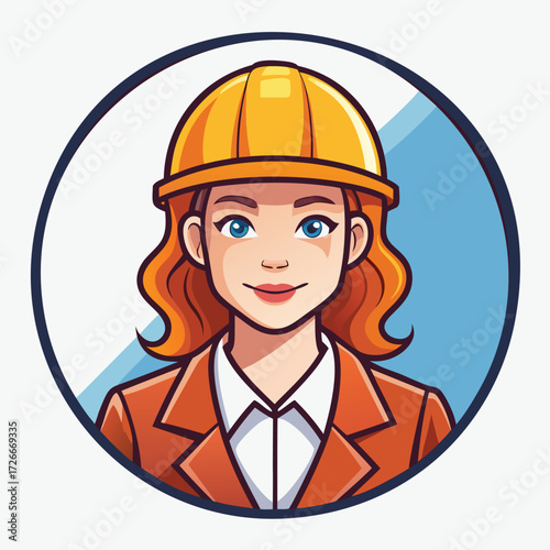 A young woman engineer in a hard hat and orange coat.