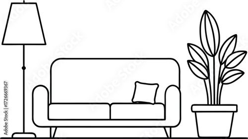 Line art of a sofa with a pillow a floor lamp and a potted plant