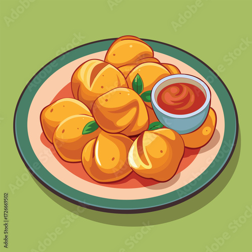 Plate of golden fried food with dipping sauce