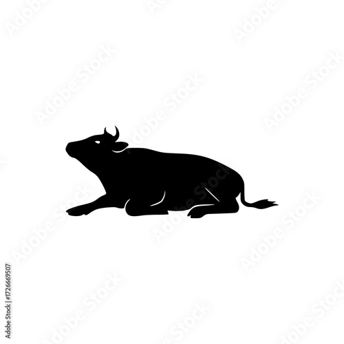 A black silhouette of a cow with horns and an udder, looking upwards, isolated on a white background.