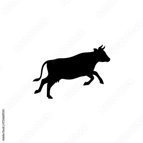 A black silhouette of a cow with horns and an udder, looking upwards, isolated on a white background.