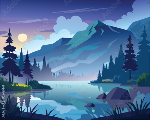 Peaceful mountain lake landscape at twilight