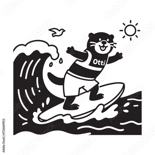A black and white line art illustration of a charming otter riding a wave on a surfboard. 