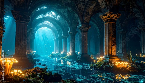 Mystical Arches and Glowing Fungi in an Underwater Grotto