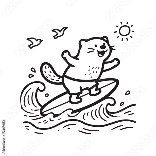 A black and white line art illustration of a charming otter riding a wave on a surfboard. 