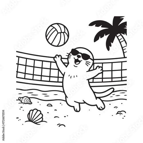  A black and white line art illustration of a cute otter jumping to hit a beach volleyball over a net on a sandy beach.