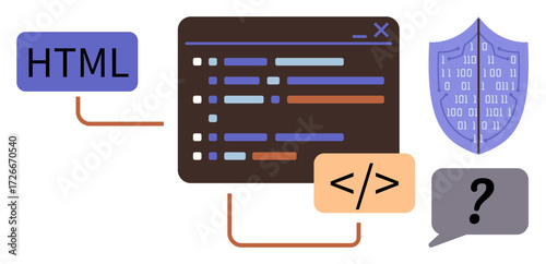 Code editor interface connected to HTML tag, debugging symbol, question mark in bubble, and cybersecurity shield. Ideal for programming, web design, coding, debugging, data analysis cybersecurity