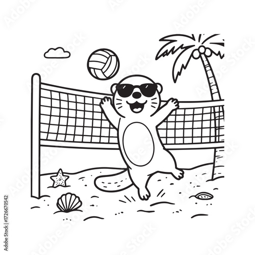  A black and white line art illustration of a cute otter jumping to hit a beach volleyball over a net on a sandy beach.