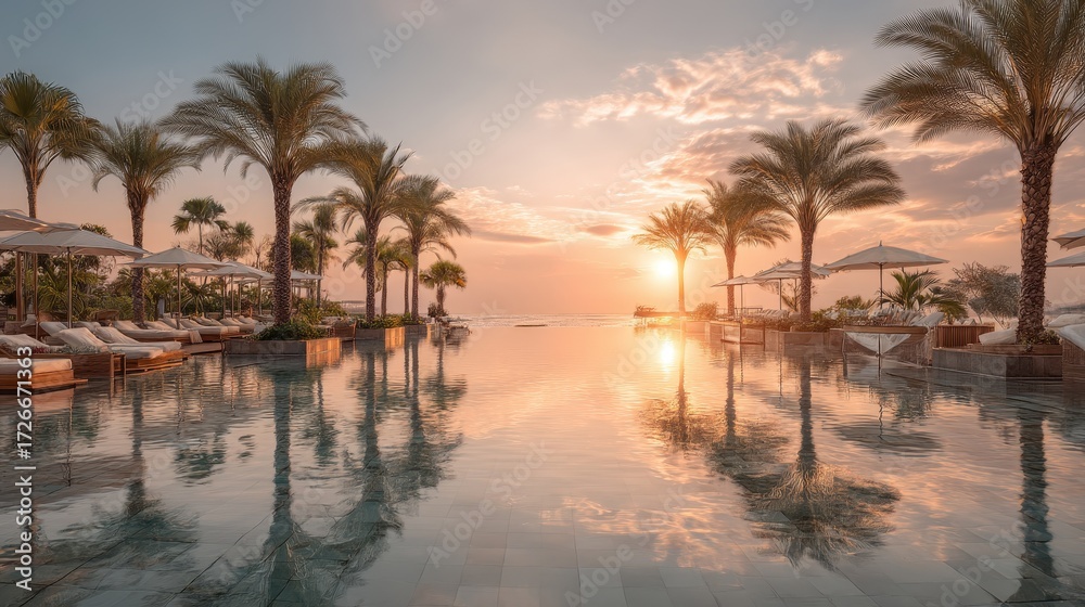 Obraz premium Relaxing sunset view over a luxurious pool surrounded by palm trees at a beachfront resort