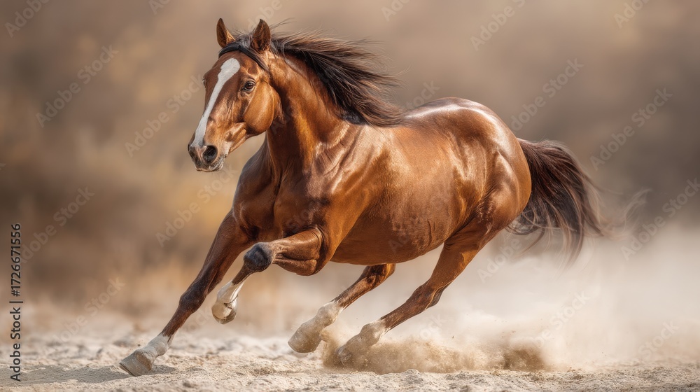 Fototapeta premium Brown horse galloping through sandy terrain under warm sunlight in an outdoor setting
