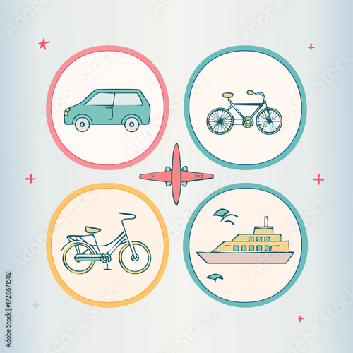 Stylized infographic elements featuring diverse transport options like a car, bicycles, and a ship, presented as clean, outlined circular icons with soft pastel tones