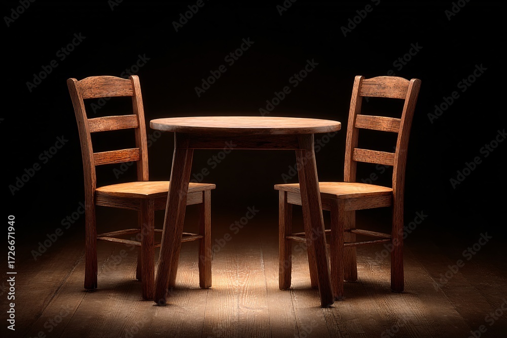 Fototapeta premium cozy cafe table with two chairs, rustic minimal interior isolated