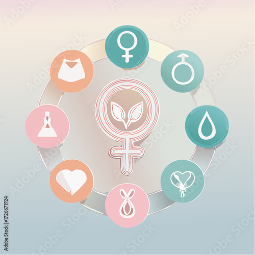 Feminine Icons in a Circular Design Representing Women's Health and Nature