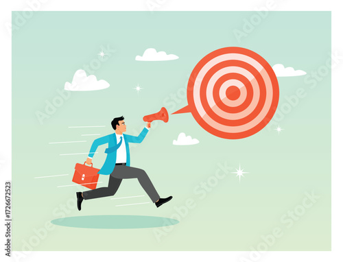 Announce new year goal concept. Businessman Running With Megaphone Toward Large Red Target Bullseye.