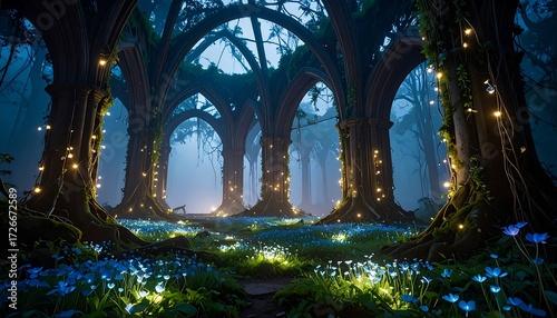 Mystical Forest Scene with Arched Pillars and Glowing Lights